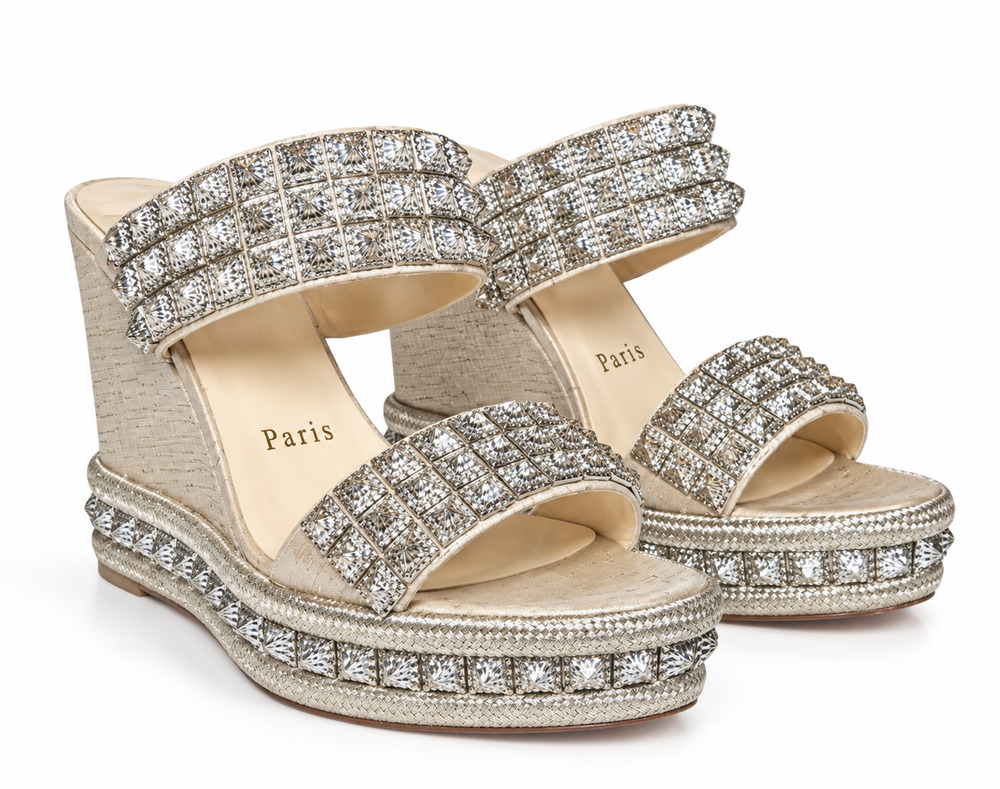 Christian Louboutin Ecu Pepite Studded Espadrille Platform Wedge Sandals EU 37